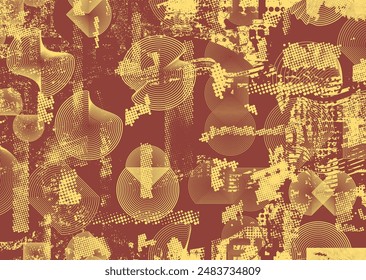 Glitch distorted grungy abstract forms . Cyber punk seamless pattern texture. Halftone dots .Futuristic background . Glitched shapes with dots and lines .Screen print endless pattern texture