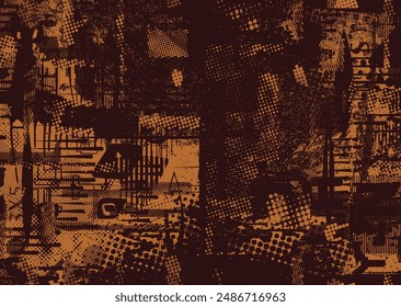 Glitch distorted grungy abstract forms . Cyber punk seamless pattern texture. Halftone dots .Futuristic background . Glitched shapes with dots and lines .Screen print endless pattern texture