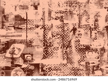 Glitch distorted grungy abstract forms . Cyber punk seamless pattern texture. Halftone dots .Futuristic background . Glitched shapes with dots and lines .Screen print endless pattern texture