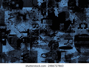 Glitch distorted grungy abstract forms . Cyber punk seamless pattern texture. Halftone dots .Futuristic background . Glitched shapes with dots and lines .Screen print endless pattern texture