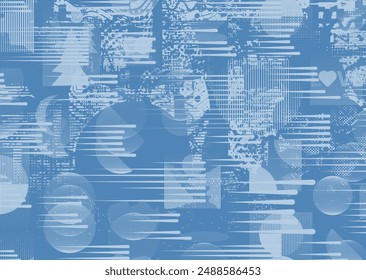 Glitch distorted grungy abstract forms . Cyber punk seamless pattern texture. Halftone dots .Futuristic background . Glitched shapes with dots and lines .Screen print endless pattern texture