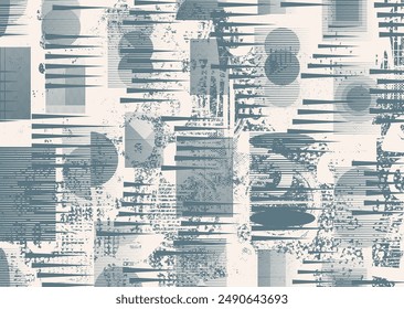 Glitch distorted grungy abstract forms . Cyber punk seamless pattern texture. Halftone dots .Futuristic background . Glitched shapes with dots and lines .Screen print endless pattern texture