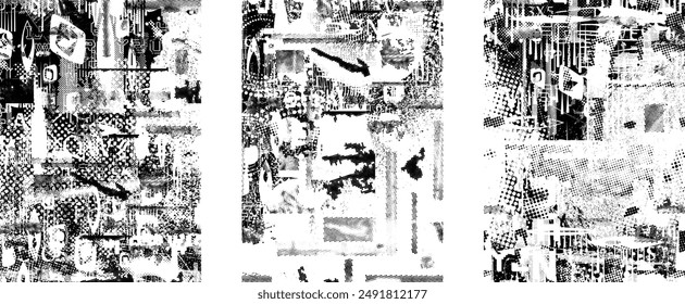 Glitch distorted grungy abstract forms . Cyber punk seamless pattern texture. Halftone dots .Futuristic background . Glitched shapes with dots and lines .Screen print endless pattern texture