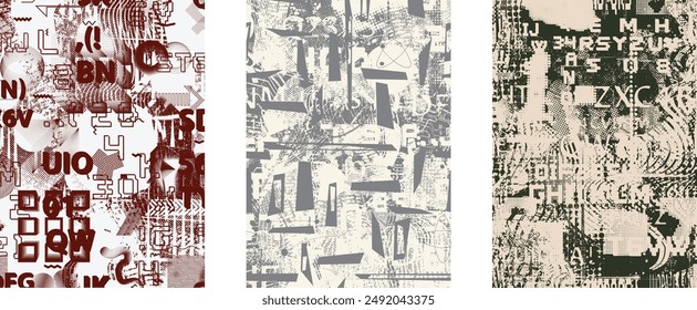 Glitch distorted grungy abstract forms . Cyber punk seamless pattern texture. Halftone dots .Futuristic background . Glitched shapes with dots and lines .Screen print endless pattern texture