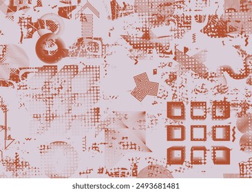 Glitch distorted grungy abstract forms . Cyber punk seamless pattern texture. Halftone dots .Futuristic background . Glitched shapes with dots and lines .Screen print endless pattern texture