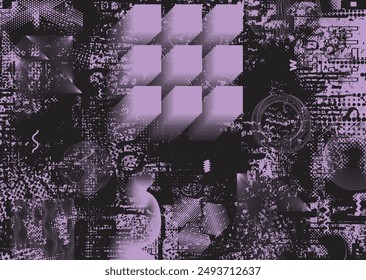 Glitch distorted grungy abstract forms . Cyber punk seamless pattern texture. Halftone dots .Futuristic background . Glitched shapes with dots and lines .Screen print endless pattern texture
