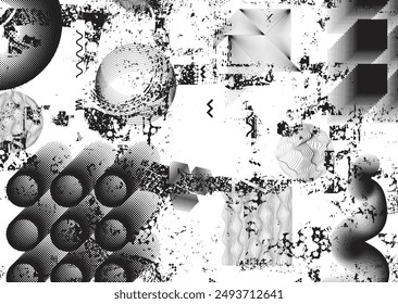 Glitch distorted grungy abstract forms . Cyber punk seamless pattern texture. Halftone dots .Futuristic background . Glitched shapes with dots and lines .Screen print endless pattern texture