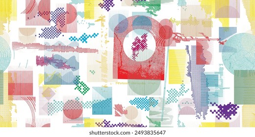 Glitch distorted grungy abstract forms . Cyber punk seamless pattern texture. Halftone dots .Futuristic background . Glitched shapes with dots and lines .Screen print endless pattern texture