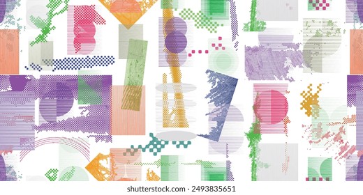 Glitch distorted grungy abstract forms . Cyber punk seamless pattern texture. Halftone dots .Futuristic background . Glitched shapes with dots and lines .Screen print endless pattern texture