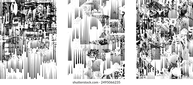 Glitch distorted grungy abstract forms . Cyber punk seamless pattern texture. Halftone dots .Futuristic background . Glitched shapes with dots and lines .Screen print endless pattern texture