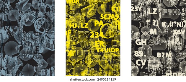 Glitch distorted grungy abstract forms . Cyber punk seamless pattern texture. Halftone dots .Futuristic background . Glitched shapes with dots and lines .Screen print endless pattern texture