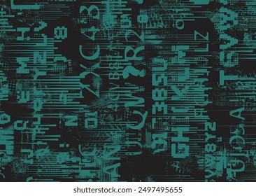 Glitch distorted grungy abstract forms . Cyber punk seamless pattern texture. Halftone dots .Futuristic background . Glitched shapes with dots and lines .Screen print endless pattern texture