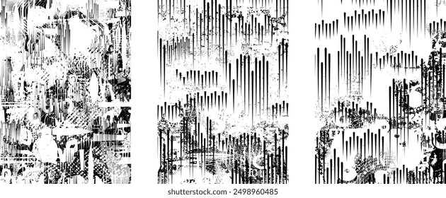 Glitch distorted grungy abstract forms . Cyber punk seamless pattern texture. Halftone dots .Futuristic background . Glitched shapes with dots and lines .Screen print endless pattern texture
