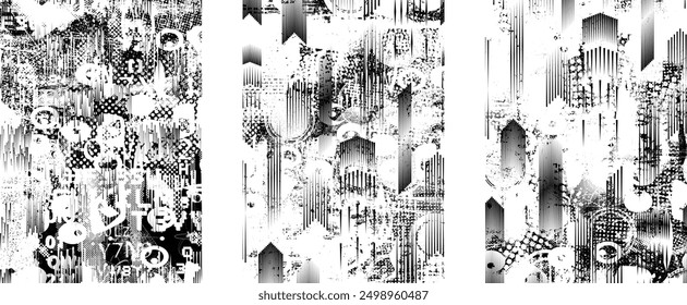 Glitch distorted grungy abstract forms . Cyber punk seamless pattern texture. Halftone dots .Futuristic background . Glitched shapes with dots and lines .Screen print endless pattern texture