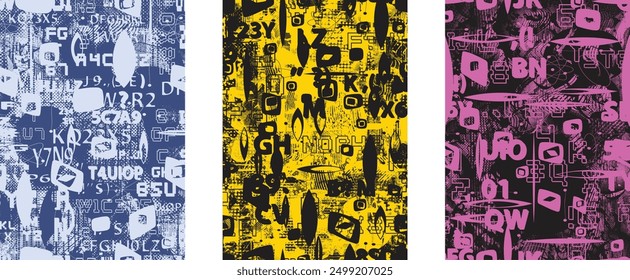 Glitch distorted grungy abstract forms . Cyber punk seamless pattern texture. Halftone dots .Futuristic background . Glitched shapes with dots and lines .Screen print endless pattern texture