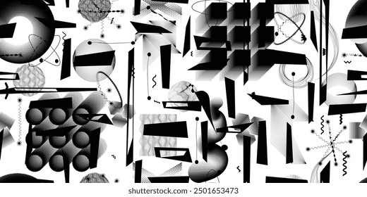 Glitch distorted grungy abstract forms . Cyber punk seamless pattern texture. Halftone dots .Futuristic background . Glitched shapes with dots and lines .Screen print endless pattern texture