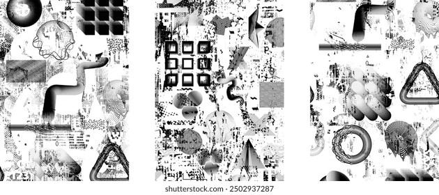 Glitch distorted grungy abstract forms . Cyber punk seamless pattern texture. Halftone dots .Futuristic background . Glitched shapes with dots and lines .Screen print endless pattern texture