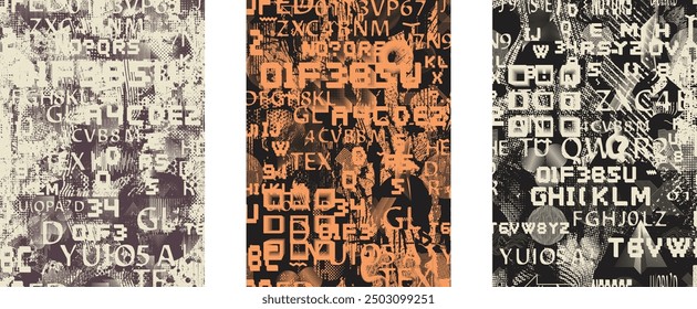 Glitch distorted grungy abstract forms . Cyber punk seamless pattern texture. Halftone dots .Futuristic background . Glitched shapes with dots and lines .Screen print endless pattern texture