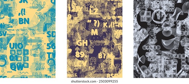 Glitch distorted grungy abstract forms . Cyber punk seamless pattern texture. Halftone dots .Futuristic background . Glitched shapes with dots and lines .Screen print endless pattern texture