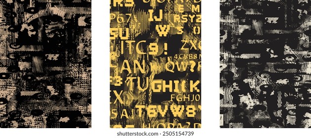 Glitch distorted grungy abstract forms . Cyber punk seamless pattern texture. Halftone dots .Futuristic background . Glitched shapes with dots and lines .Screen print endless pattern texture