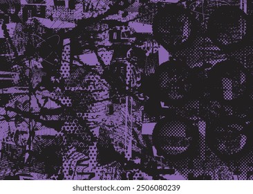 Glitch distorted grungy abstract forms . Cyber punk  pattern texture. Halftone dots .Futuristic background . Glitched shapes with dots and lines .Screen print  pattern texture