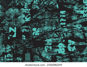 Glitch distorted grungy abstract forms . Cyber punk  pattern texture. Halftone dots .Futuristic background . Glitched shapes with dots and lines .Screen print  pattern texture