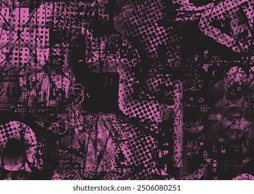 Glitch distorted grungy abstract forms . Cyber punk  pattern texture. Halftone dots .Futuristic background . Glitched shapes with dots and lines .Screen print  pattern texture