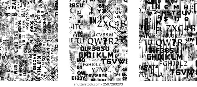 Glitch distorted grungy abstract forms . Cyber punk seamless pattern texture. Halftone dots .Futuristic background . Glitched shapes with dots and lines .Screen print endless pattern texture