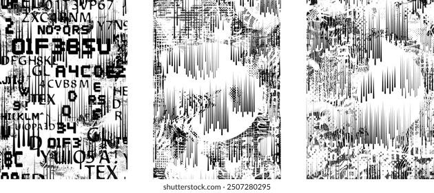 Glitch distorted grungy abstract forms . Cyber punk seamless pattern texture. Halftone dots .Futuristic background . Glitched shapes with dots and lines .Screen print endless pattern texture