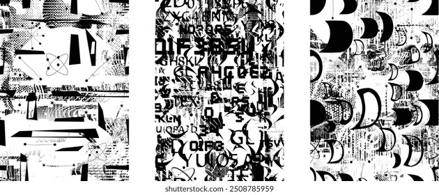 Glitch verzerrt grungy abstrakte Formen . Cyber Punk nahtlose Muster Textur. Rasterpunkte .Futuristischer Hintergrund . Glitzerte Formen mit Punkten und Linien. Siebdruck endlose Muster Textur