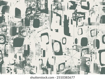 Formas abstratas sujas distorcidas . Textura de padrão cyber punk. Pontos de meio-tom. Fundo futurista. Formas com falhas com pontos e linhas. Tela impressão padrão textura