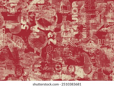 Glitch distorted grungy abstract forms . Cyber punk  pattern texture. Halftone dots .Futuristic background . Glitched shapes with dots and lines .Screen print  pattern texture