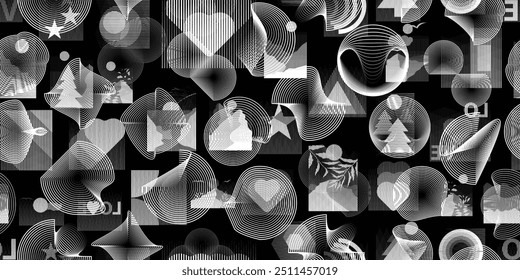 Glitch distorted grungy abstract forms . Cyber punk seamless pattern texture. Halftone dots .Futuristic background . Glitched shapes with dots and lines .Screen print endless pattern texture