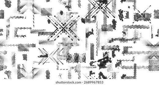 Glitch distorted grungy abstract forms . Halftone dots seamless pattern texture. Grange shapes .Grunge textured . Vector shapes with half tone dots .Screen print endless pattern texture
