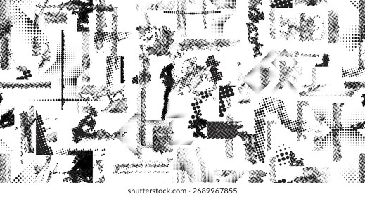 Glitch distorted grungy abstract forms . Halftone dots seamless pattern texture. Grange shapes .Grunge textured . Vector shapes with half tone dots .Screen print endless pattern texture
