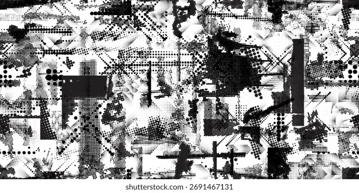 Glitch distorted grungy abstract forms . Halftone dots seamless pattern texture. Grange shapes .Grunge textured . Vector shapes with half tone dots .Screen print endless pattern texture