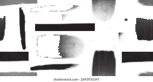 Glitch distorted grungy abstract forms . Halftone dots seamless pattern texture. Grange shapes .Grunge textured . Vector shapes with half tone dots .Screen print endless pattern texture