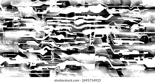 Glitch distorted grungy abstract forms . Cyber punk seamless pattern texture. Halftone dots .Futuristic background . Glitched shapes with dots and lines .Screen print endless pattern texture