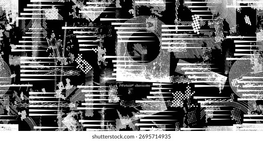 Glitch distorted grungy abstract forms . Cyber punk seamless pattern texture. Halftone dots .Futuristic background . Glitched shapes with dots and lines .Screen print endless pattern texture