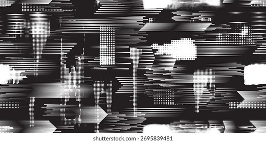 Glitch distorted grungy abstract forms . Cyber punk seamless pattern texture. Halftone dots .Futuristic background . Glitched shapes with dots and lines .Screen print endless pattern texture