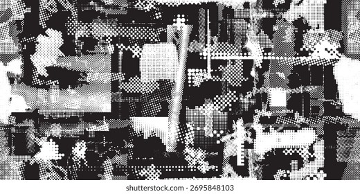 Glitch distorted grungy abstract forms . Cyber punk seamless pattern texture. Halftone dots .Futuristic background . Glitched shapes with dots and lines .Screen print endless pattern texture