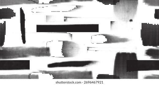 Glitch distorted grungy abstract forms . Cyber punk seamless pattern texture. Halftone dots .Futuristic background . Glitched shapes with dots and lines .Screen print endless pattern texture