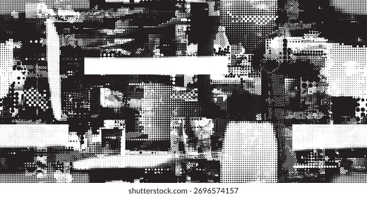 Glitch distorted grungy abstract forms . Cyber punk seamless pattern texture. Halftone dots .Futuristic background . Glitched shapes with dots and lines .Screen print endless pattern texture
