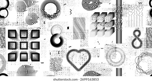 Glitch distorted grungy abstract forms . Halftone dots seamless pattern texture. Grange shapes .Grunge textured . Vector shapes with half tone dots .Screen print endless pattern texture