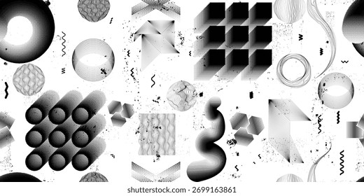 Glitch distorted grungy abstract forms . Halftone dots seamless pattern texture. Grange shapes .Grunge textured . Vector shapes with half tone dots .Screen print endless pattern texture