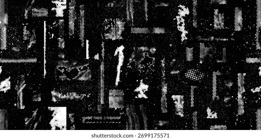 Glitch distorted grungy abstract forms . Halftone dots seamless pattern texture. Grange shapes .Grunge textured . Vector shapes with half tone dots .Screen print endless pattern texture