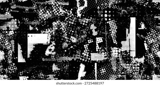 Glitch verzerrt grungy abstrakte Formen . Rasterpunkte nahtloses Muster . Grange Formen .Grunge gepunktete Textur . Vektorformen mit Halbtonpunkten .Siebdruck Endlosmuster