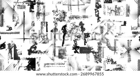 Glitch distorted grungy abstract forms . Halftone dots seamless pattern texture. Grange shapes .Grunge textured . Vector shapes with half tone dots .Screen print endless pattern texture
