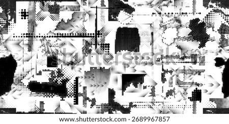 Glitch distorted grungy abstract forms . Halftone dots seamless pattern texture. Grange shapes .Grunge textured . Vector shapes with half tone dots .Screen print endless pattern texture
