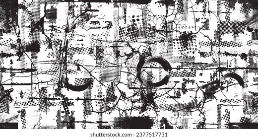 Glitch distorted grungy abstract pattern . Halftone dots seamless pattern texture. Grange shapes .Grunge textured . Vector shapes with half tone dots .Screen print endless pattern texture